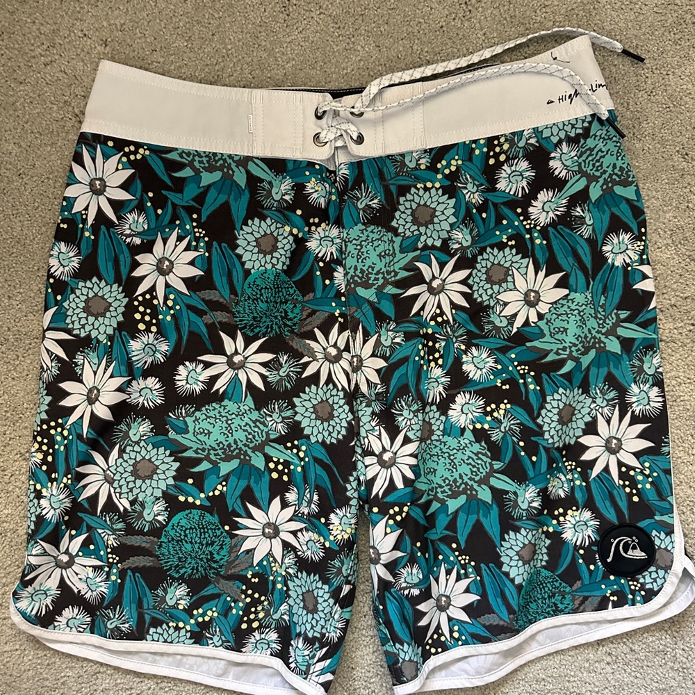 Quiksilver Teal and White Floral Board Shorts